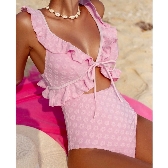 Floral Textured Print Plunging Neck Cut out Monokini One Piece Swimsuit - Picture 3 of 9